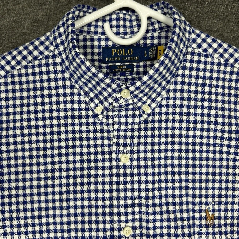 Polo Ralph Lauren Shirt Mens L Gingham Slim Fit Stretch Oxford OCBD Flesh Pony